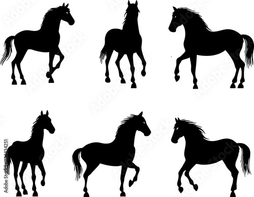 A collection of black horse silhouettes in various poses, ideal for equestrian themes, designs, and illustrations.