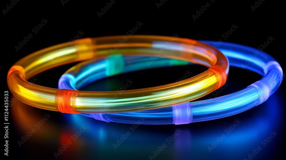 Two Intertwined Glowing Plastic Bracelets in Orange, Blue, and Purple Two Intertwined Glowing Plastic Bracelets in Orange, Blue, and Purple