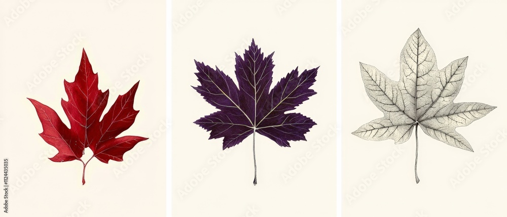 Fototapeta premium Beautiful Collection of Autumn Leaves: Red, Purple, and White Foliage for Nature and Aesthetic Artwork Backgrounds