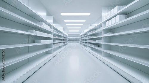 Empty aisle in a modern supermarket with white shelves holding unbranded items.