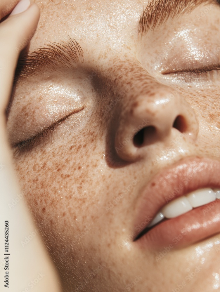 Close-up of a woman with natural freckles and glossy skin, relaxed expression, minimal makeup - instagram social media content marketing