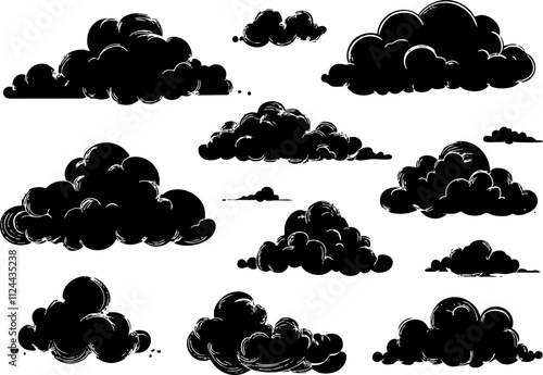 A collection of various black clouds in different shapes and sizes, suitable for graphic design and weather themes.