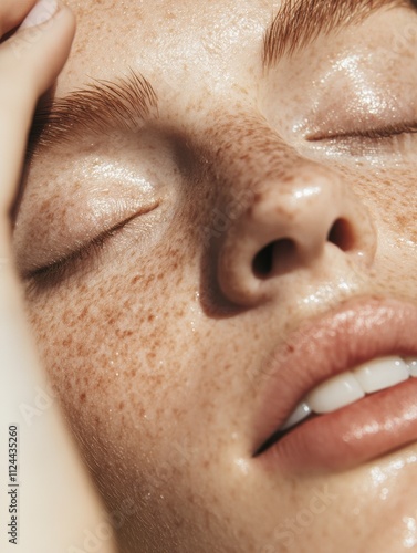 Obraz na płótnie Close-up of a woman with natural freckles and glossy skin, relaxed expression, minimal makeup - instagram social media content marketing w salonie