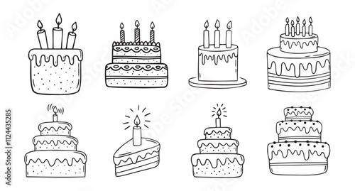 happy birthday cake doodle hand drawn icon set. Outline drawing birthday cake with candles line clipart symbol