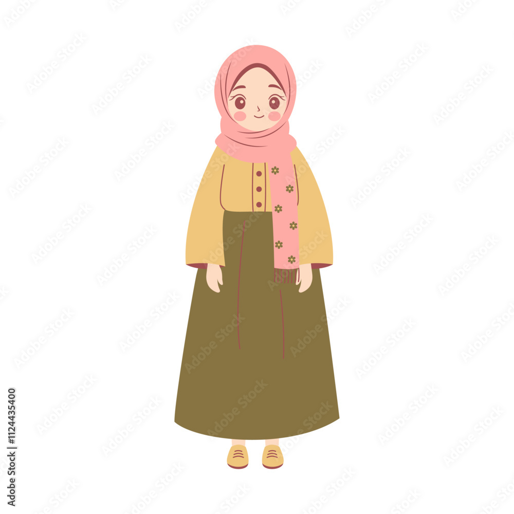 Cute Pretty Muslim Girl Cartoon Character Wearing Hijab and Fashion Outfit While Smiling Cute Pretty Muslim Girl Cartoon Character Wearing Hijab and Fashion Outfit While Smiling