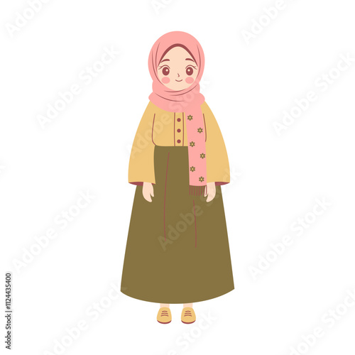 Cute Pretty Muslim Girl Cartoon Character Wearing Hijab and Fashion Outfit While Smiling