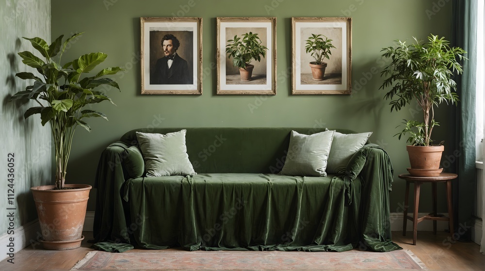 Naklejka premium A living room with green walls and a green couch.