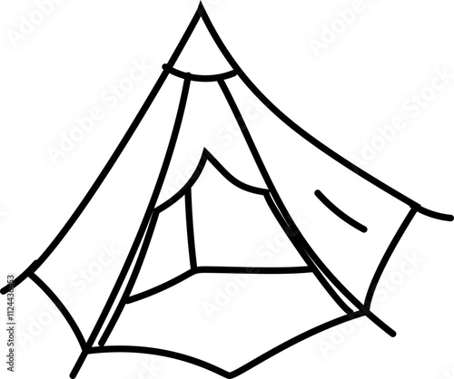 Simple line drawing of a pitched camping tent.