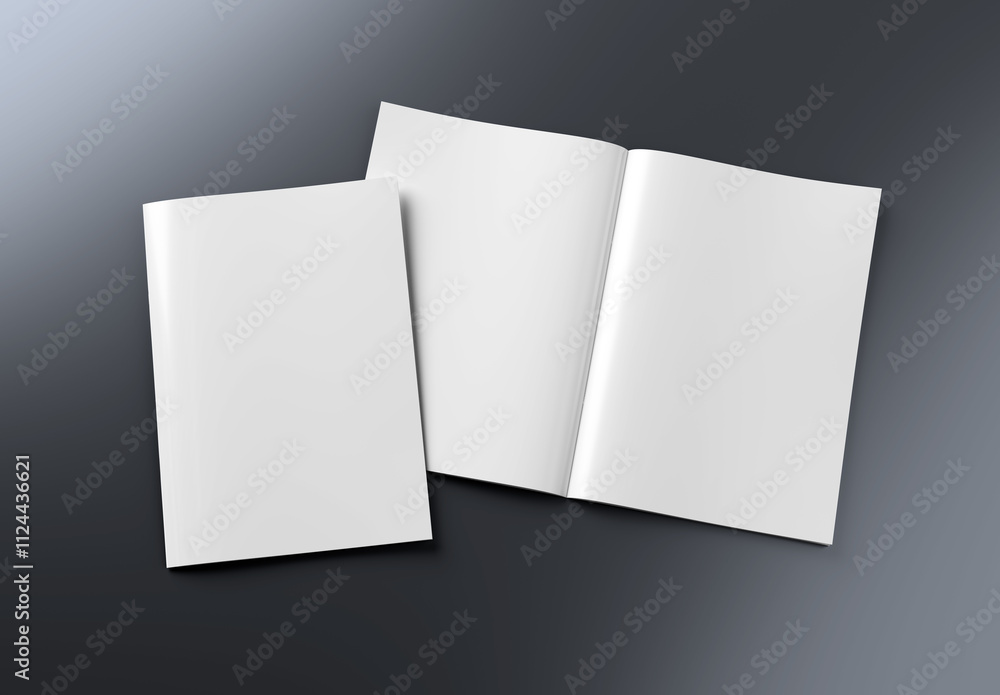 Magazine cover and open magazine mockup on grey. Empty brochure template. 3D rendering Magazine cover and open magazine mockup on grey. Empty brochure template. 3D rendering