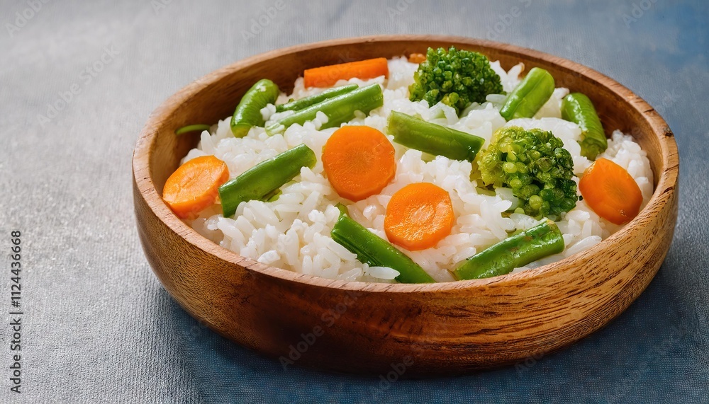 Aromatic Vegetable Rice Bowl with Carrots, Broccoli, and Green Beans in a Wooden Serving Dish Aromatic Vegetable Rice Bowl with Carrots, Broccoli, and Green Beans in a Wooden Serving Dish