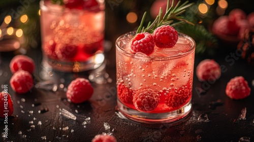 Winter season. Christmas pink drink raspberry with rosemary and ice