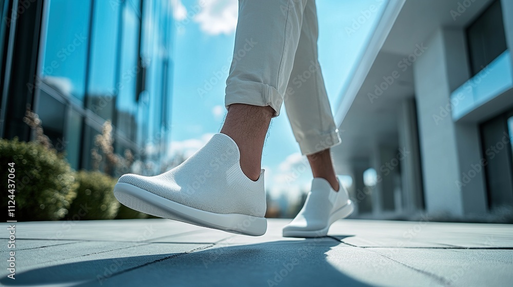 Low angle view of person walking in white slip-on shoes outdoors. Low angle view of person walking in white slip-on shoes outdoors.