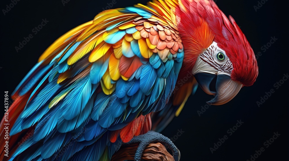 Fototapeta premium Vibrant Scarlet Macaw Portrait Against Dark Background Stunning Feathers and Colors Detailed 3D Render