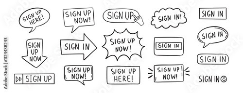 sign up text icon. Sign in doodle hand drawn icon set. Outline drawing line clipart symbol