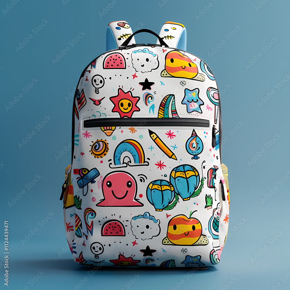 Whimsical Doodle Backpack: A vibrant backpack adorned with a playful array of hand-drawn doodles, including smiling characters, rainbows, and stars, perfect for kids or anyone young at heart. Whimsical Doodle Backpack: A vibrant backpack adorned with a playful array of hand-drawn doodles, including smiling characters, rainbows, and stars, perfect for kids or anyone young at heart.