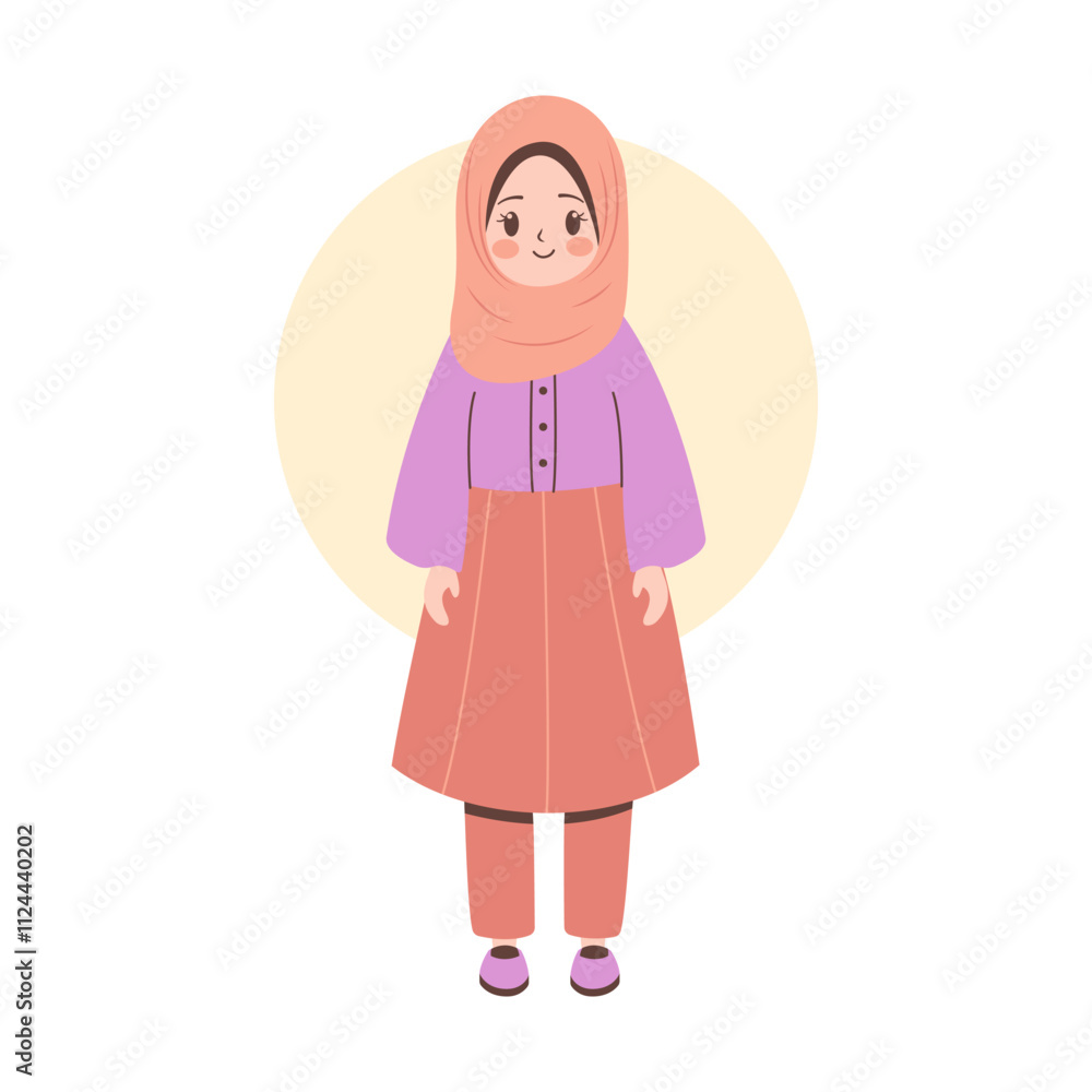 Cute Pretty Muslim Girl Cartoon Character Wearing Hijab and Fashion Outfit While Smiling Cute Pretty Muslim Girl Cartoon Character Wearing Hijab and Fashion Outfit While Smiling