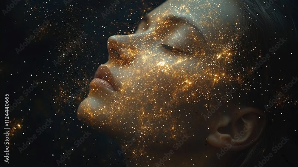 Fototapeta premium Dreamy Cosmic Portrait of a Woman Fading into the Stars Symbolizing Imagination and Infinite Possibilities