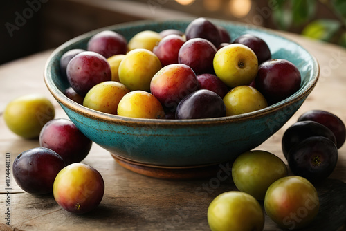 Superb Fresh sweet plum fruits in brown wooden bowl on old cutting board