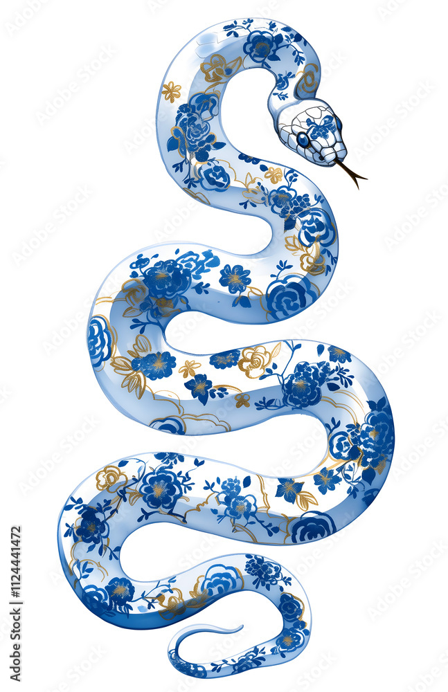 Snake decorated with flowers in style of ancient Chinese porcelain ceramics illustration. Chinese New Year 2025 Zodiac Snake. Lunar New Year symbol Snake decorated with flowers in style of ancient Chinese porcelain ceramics illustration. Chinese New Year 2025 Zodiac Snake. Lunar New Year symbol