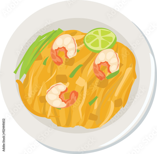 Illustration of Thai shrimp Pad Thai with lime garnish.