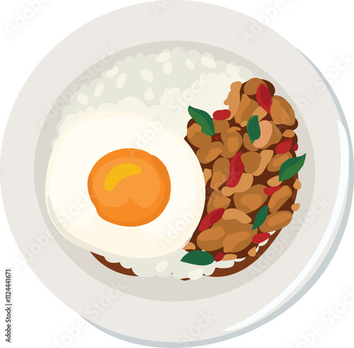 A plate of rice with pad kra pao and fried egg.