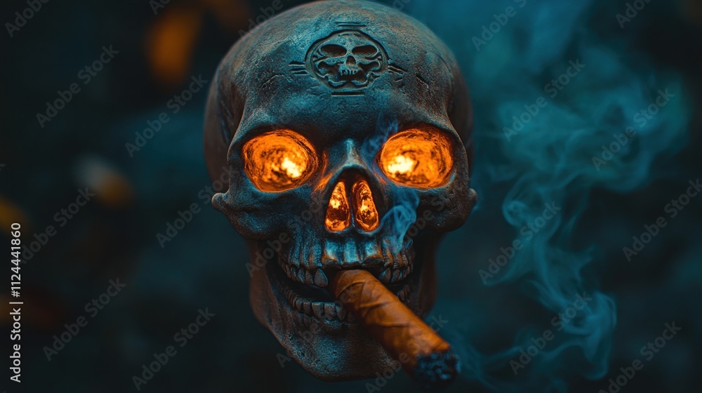 skull with glowing eyes and a cigar, surrounded by smoke skull with glowing eyes and a cigar, surrounded by smoke
