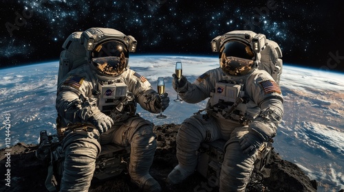 Futuristic new year celebration in space astronauts toasting on a space station cosmic environment unique perspective celebration concept