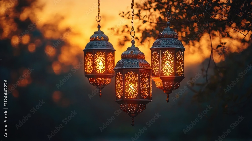 Islamic Lanterns Glowing at Sunset for Eid and Ramadan Celebration with Space for Copy Islamic Lanterns Glowing at Sunset for Eid and Ramadan Celebration with Space for Copy