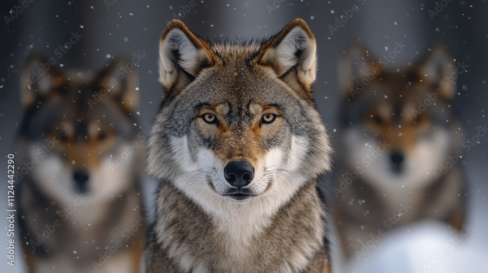 lone wolf stands majestically in snow covered forest, surrounded by blurred figures of other wolves. scene captures beauty and strength of these wild animals in serene winter landscape lone wolf stands majestically in snow covered forest, surrounded by blurred figures of other wolves. scene captures beauty and strength of these wild animals in serene winter landscape