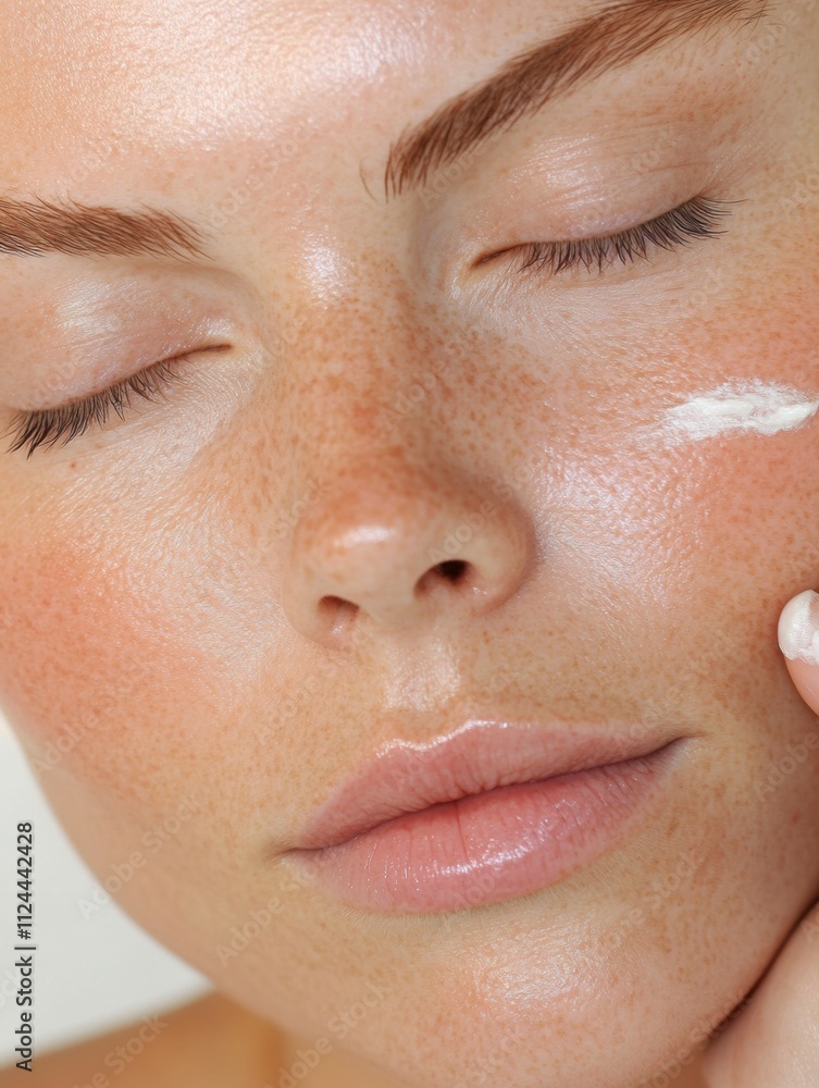 Detailed macro shot of cream applied to radiant skin, natural freckles glowing under soft light - instagram social media content marketing