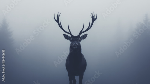 majestic buck standing on forest ridge, its antlers silhouetted against misty backdrop, evokes sense of tranquility and wilderness