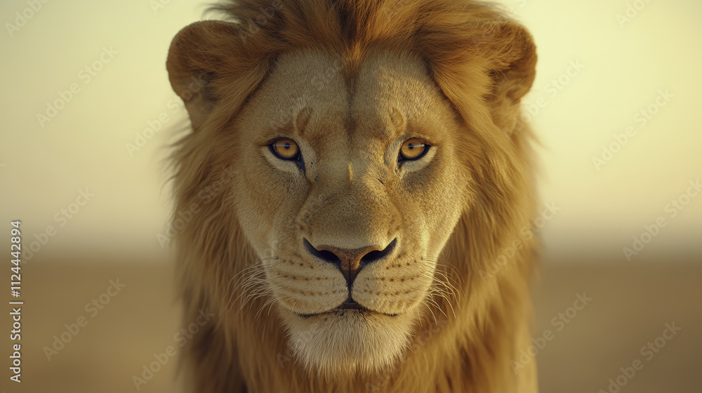 Obraz premium majestic lion face in full frontal portrait, showcasing its powerful gaze and golden mane, evokes sense of strength and beauty in wild