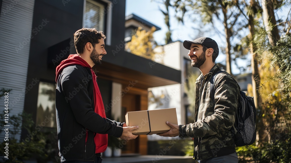 A delivery man hands a package to a customer. A delivery man hands a package to a customer.
