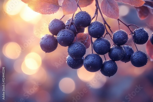 closeup dark berries branch soft focus dreamy bokeh sunlight serene atmosphere impressionist style nature photo