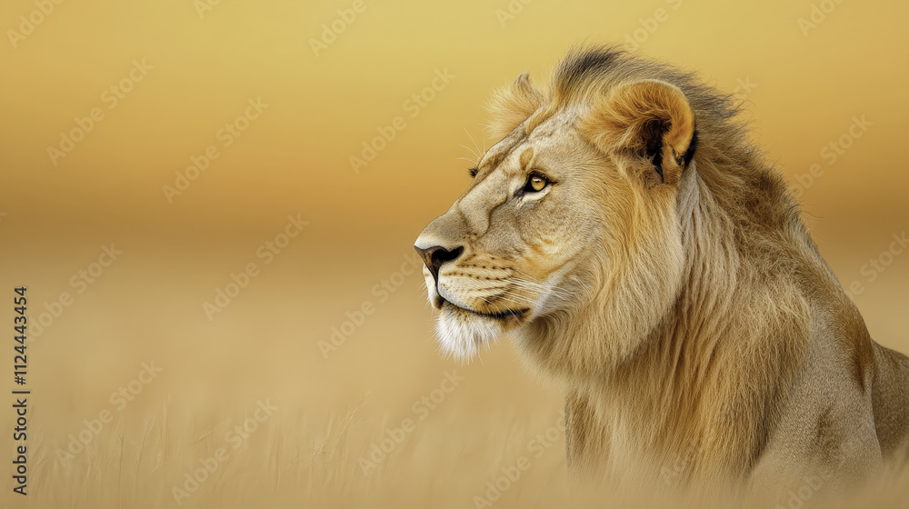 Fototapeta premium majestic lion in profile, showcasing texture of its mane against warm golden background. serene expression captures essence of wildlife beauty
