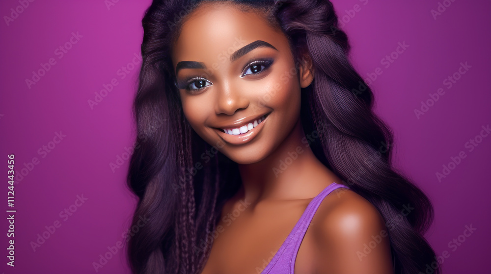 Portrait of smiling African American girl with long hair purple background banner. Portrait of smiling African American girl with long hair purple background banner.