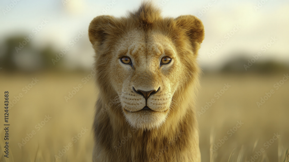 Obraz premium Majestic lion staring directly into camera, showcasing its powerful presence in serene landscape. soft background enhances lion striking features and captivating gaze