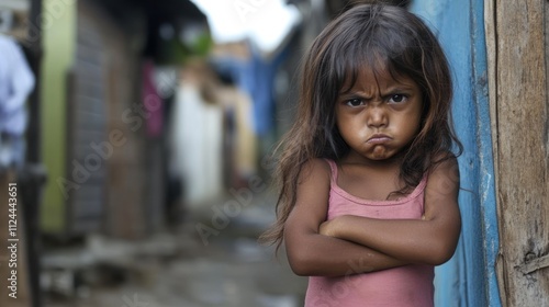  serious girl stands with crossed arms in an alley 