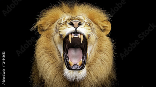 lion roaring with its mouth wide open, showcasing its powerful teeth and majestic mane. fierce expression captures essence of strength and dominance in wild