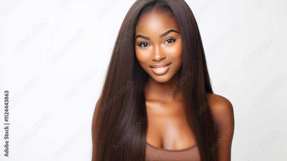 Portrait of smiling African American girl with long hair white background banner. Portrait of smiling African American girl with long hair white background banner.