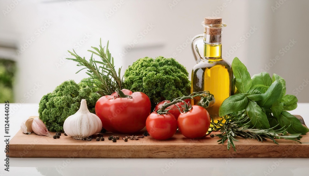 Culinary Scene Featuring Fresh Vegetables, Herbs, and Olive Oil on a Wooden Cutting Board Culinary Scene Featuring Fresh Vegetables, Herbs, and Olive Oil on a Wooden Cutting Board
