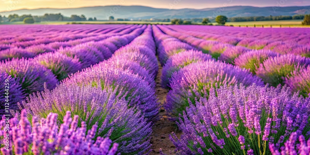 Obraz premium Beautiful blooming lavender field with vibrant purple flowers, showcasing regional organic cultivation, lavender, field