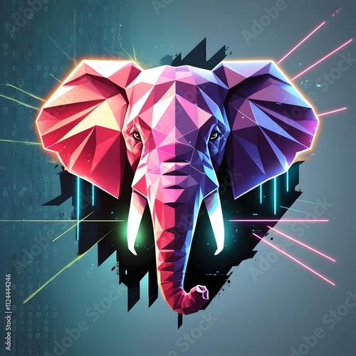 Dynamic polygonal elephant with sci-fi glitch design.  photo