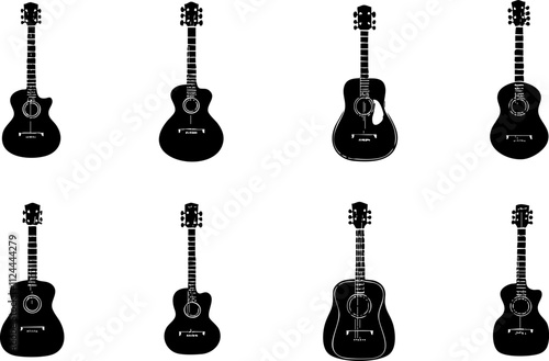A vector illustration featuring a collection of black acoustic guitars arranged in a grid pattern, showcasing diverse designs.