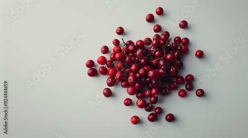 A whole bunch of small red cranberries, arranged randomly on a white surface.