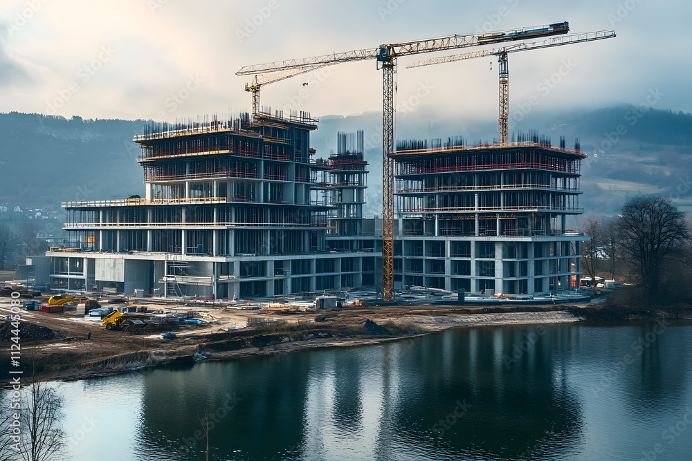 Modern buildings under construction near lake with cranes working Modern buildings under construction near lake with cranes working
