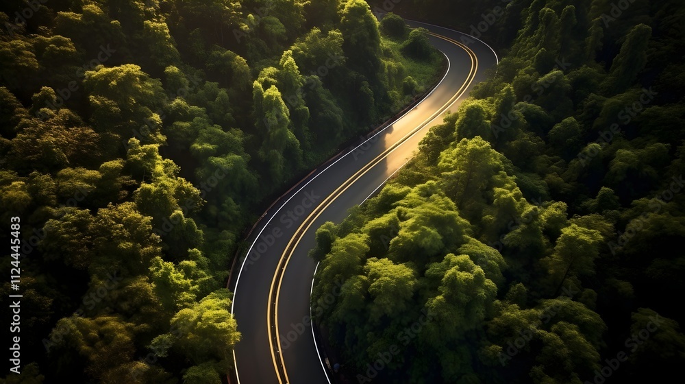 Aerial view of road between green forests Aerial view of road between green forests