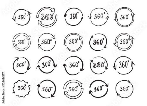 Doodle 360 degree. Hand drawn outline style set