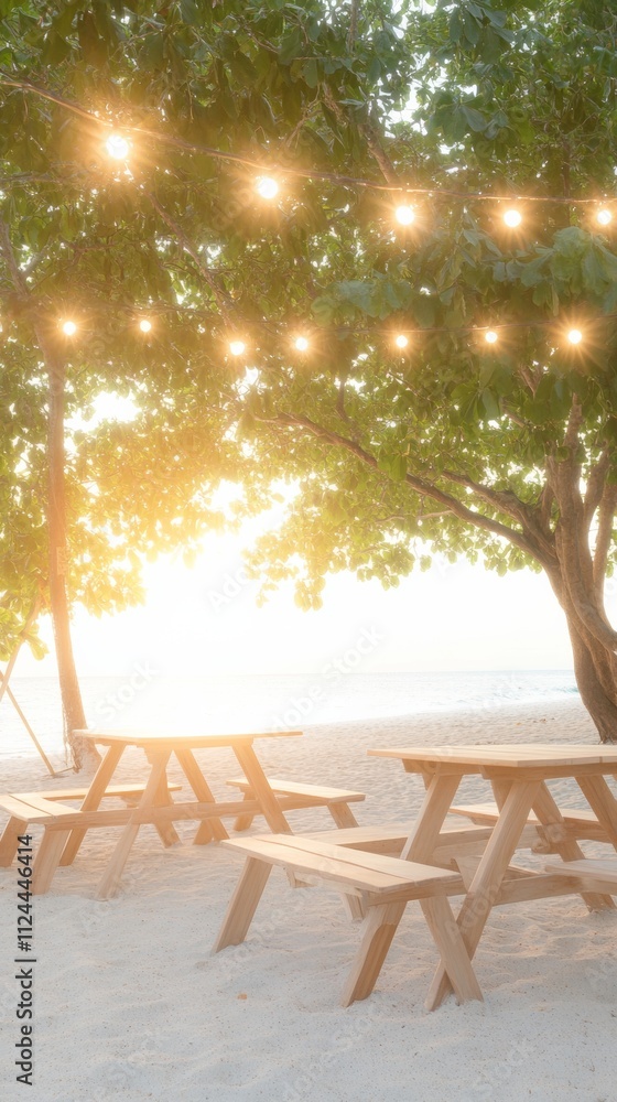 Tropical Beach Holiday Celebration with Sunset Glow and Festive Lights HumanLight, Christmas, New Year Tropical Beach Holiday Celebration with Sunset Glow and Festive Lights HumanLight, Christmas, New Year
