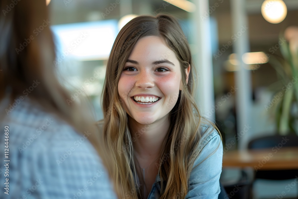 Happy young woman smiling while sitting at a table and having a conversation with a female coworker during a meeting in an office Happy young woman smiling while sitting at a table and having a conversation with a female coworker during a meeting in an office